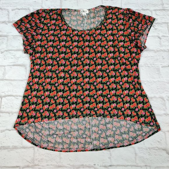 TNO plus size shirt hi low roses black pink floral print short sleeve sz 2X - Picture 1 of 4